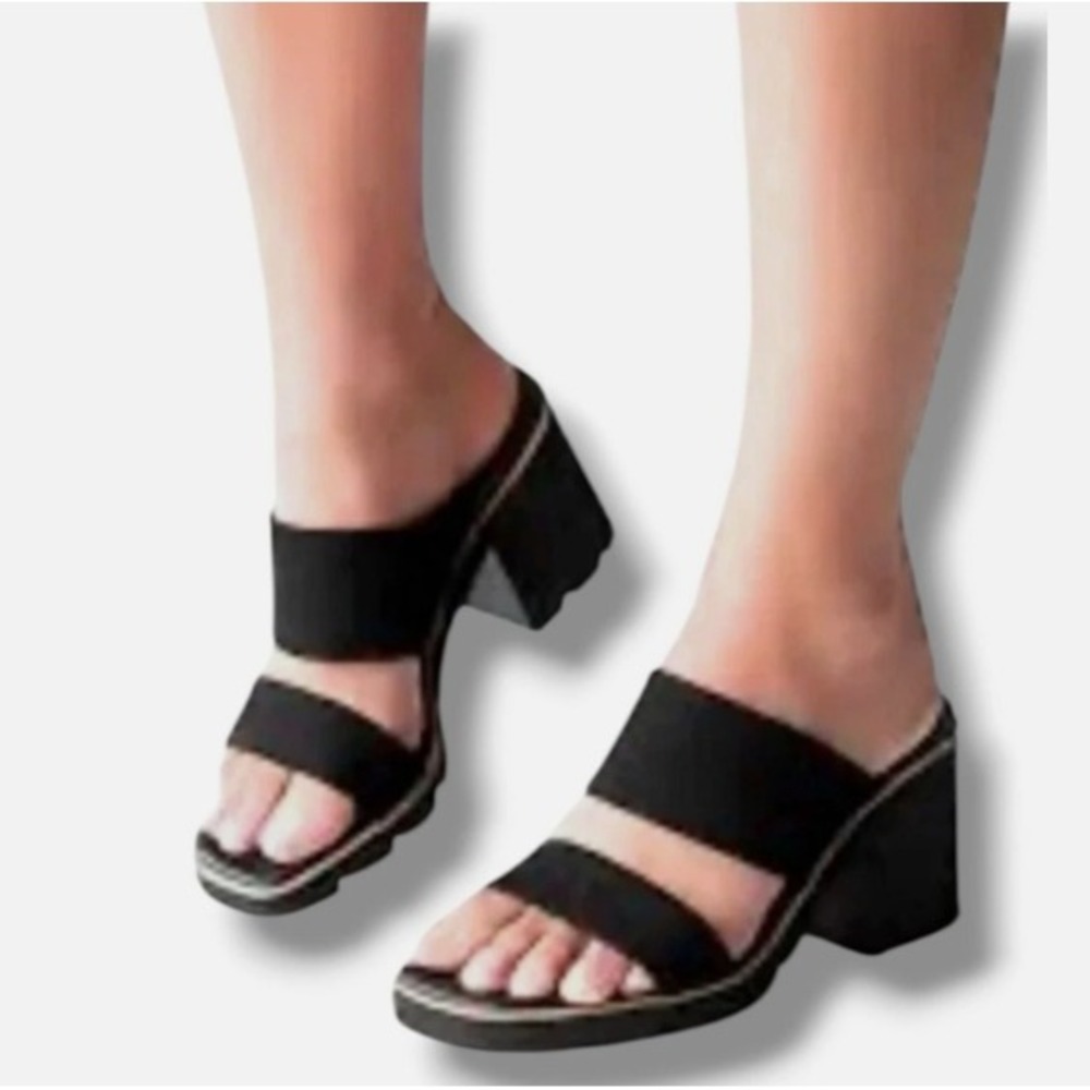 Paul Green Lancy Black Nubuk Slip On Casual Block Heel Sandals Size US 9